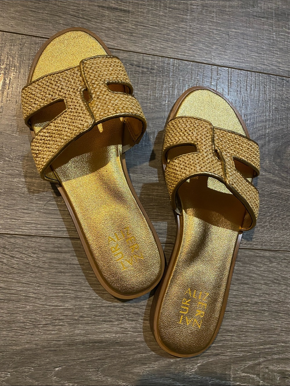 Naturalizer Metallic Gold Woven Slide Sandals